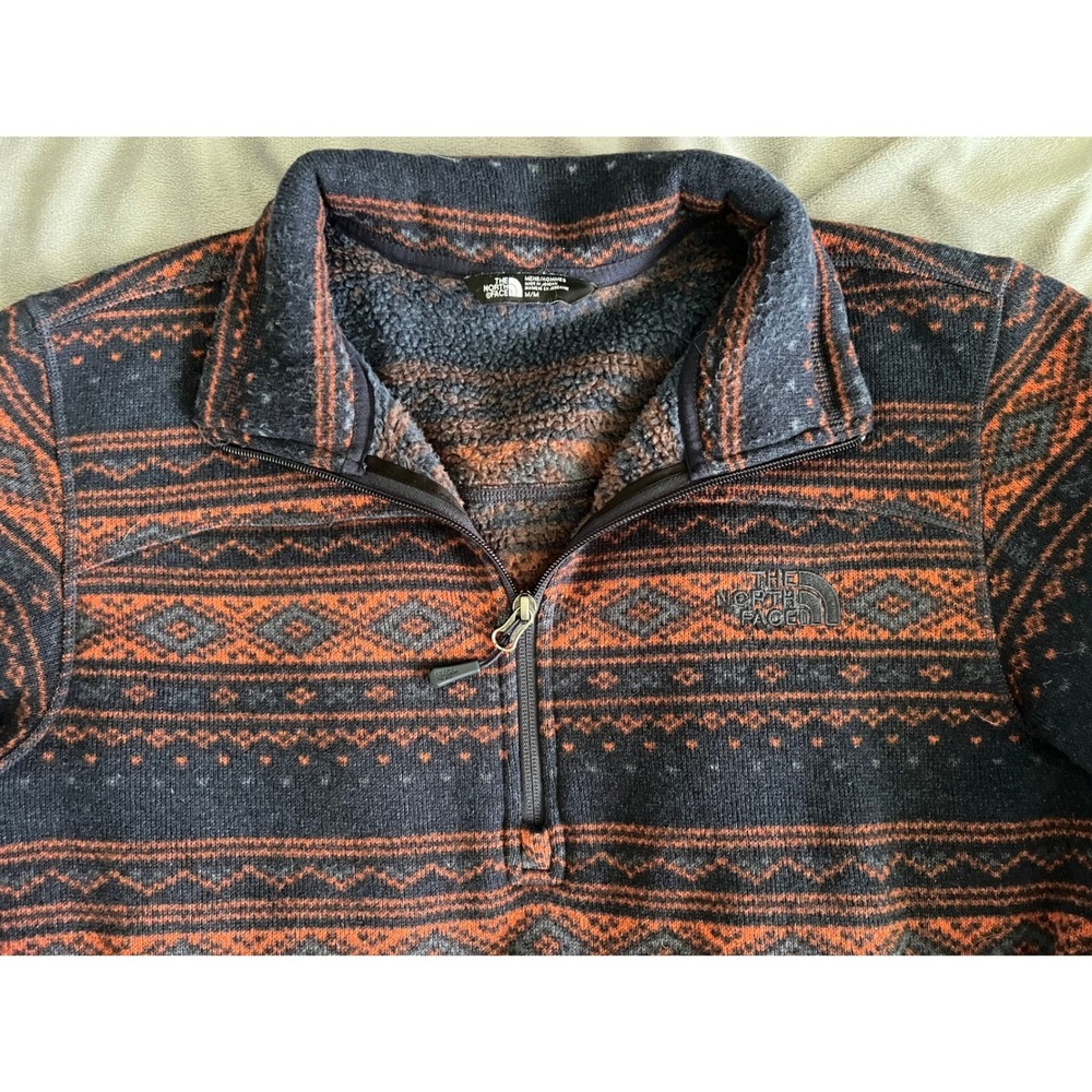 The North Face Mens Fair Isle Fleece Quarter Zip Pullover Orange Navy Blue M - Picture 2 of 11